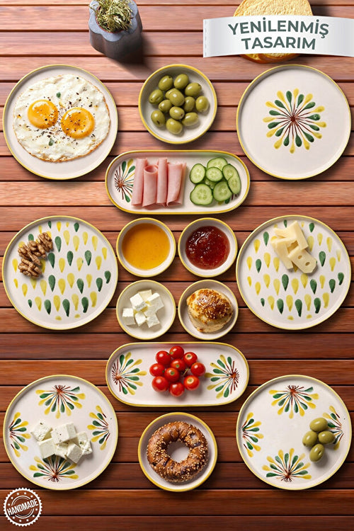 14 Parça 6 Kişilik Handmade Yeşil Nokta Kahvaltı Takımı - Lüx Kahvaltılık Sunum Seti