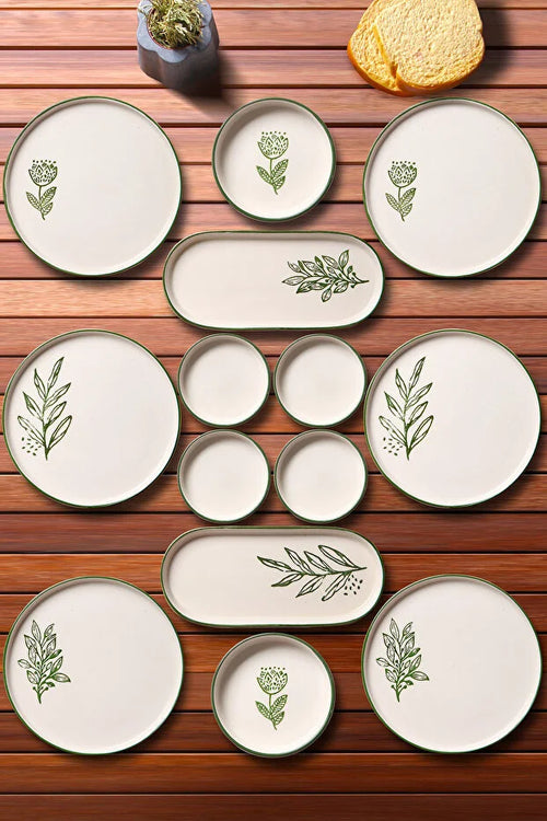 14 Parça 6 Kişilik Handmade Yeşil Çiçek Kahvaltı Takımı - Lüx Kahvaltılık Sunum Seti
