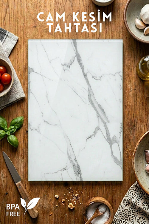 Klasik Mermer Desenli Cam Kesim Tahtası - 25x35cm -Dayanıklı ve Pratik Kesim Matı