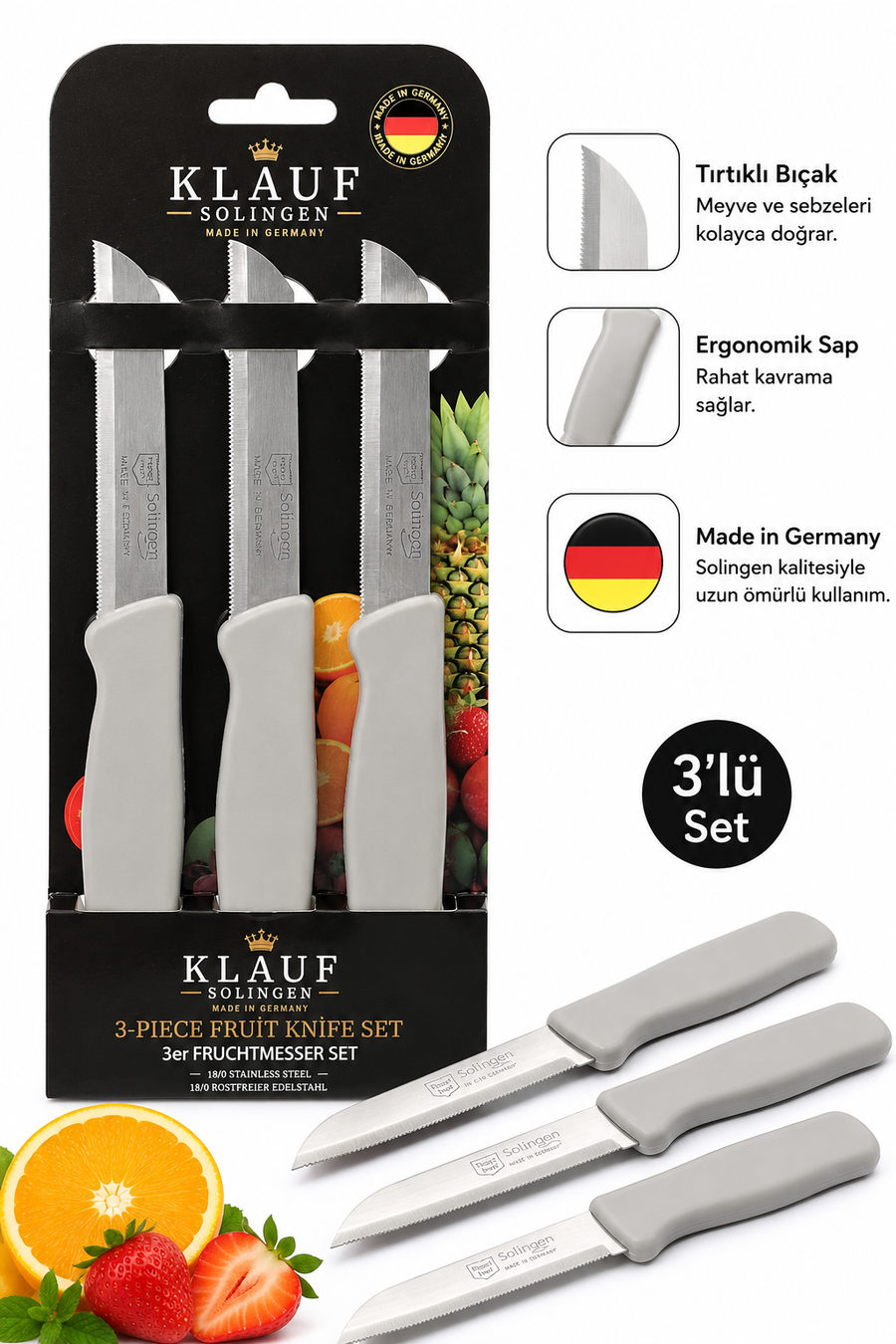 Klauf 3'lü Tırtıklı Bıçak, 18 cm, Paslanmaz Alman Çeliği, Ergonomik Sap, Meyve Bıçağı Mat Gri