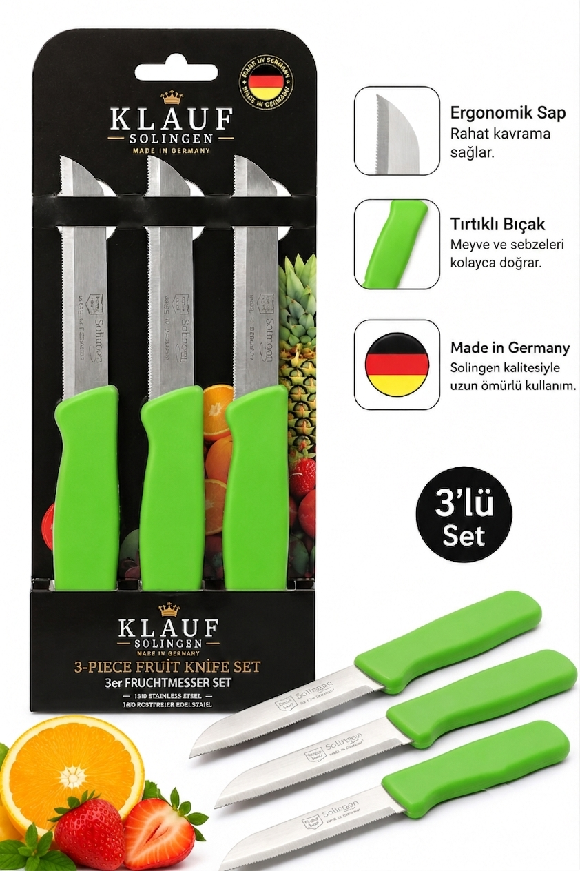 Klauf 3'lü Tırtıklı Bıçak, 18 cm, Paslanmaz Alman Çeliği, Ergonomik Sap, Meyve Bıçağı Parlak Yeşil
