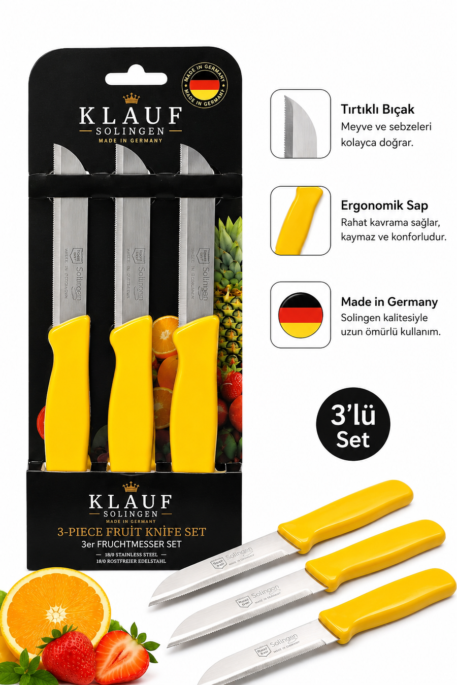 Klauf 3'lü Tırtıklı Bıçak, 18 cm, Paslanmaz Alman Çeliği, Ergonomik Sap, Meyve Bıçağı Parlak Sarı
