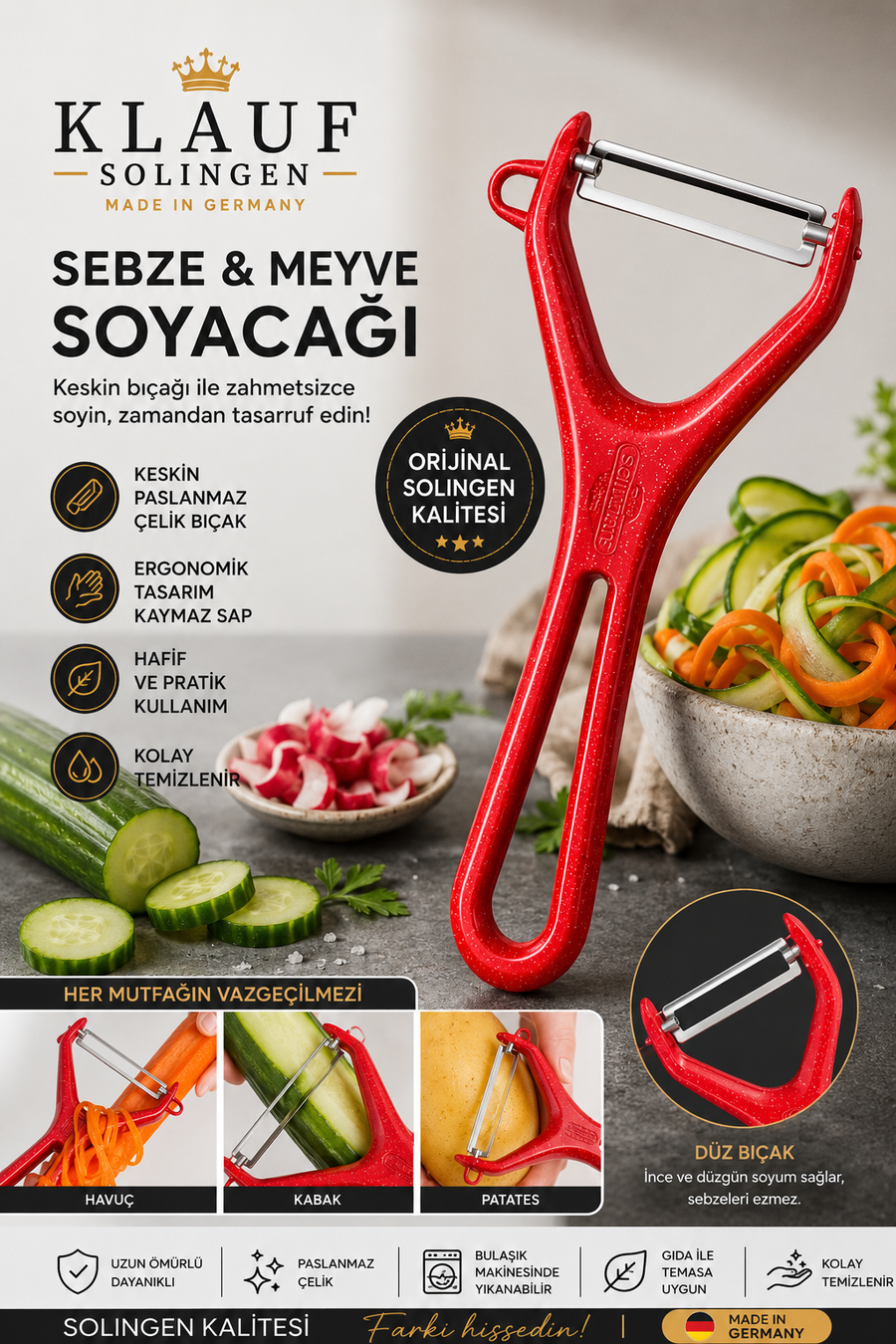 Meyve Sebze Soyacağı Paslanmaz Çelik Profesyonel Soyacak, Paslanmaz Alman Çeliği Kırmızı Simli