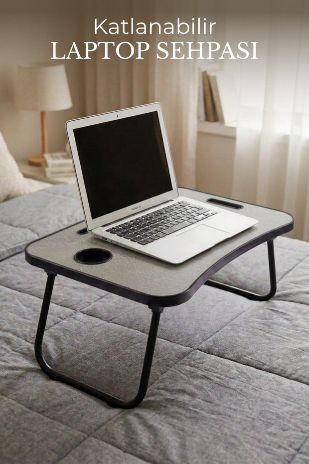 Portatif Katlanır Laptop Kucak Sehpası 59x40 cm | Tablet Telefon ve Bardak Tutuculu Çok Amaçlı Laptop Masası - Açık Gri