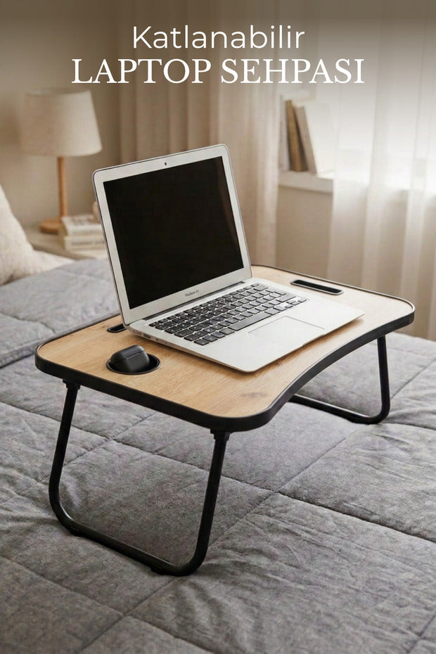 Portatif Katlanır Laptop Kucak Sehpası 59x40 cm | Tablet Telefon ve Bardak Tutuculu Çok Amaçlı Laptop Masası - Açık Meşe