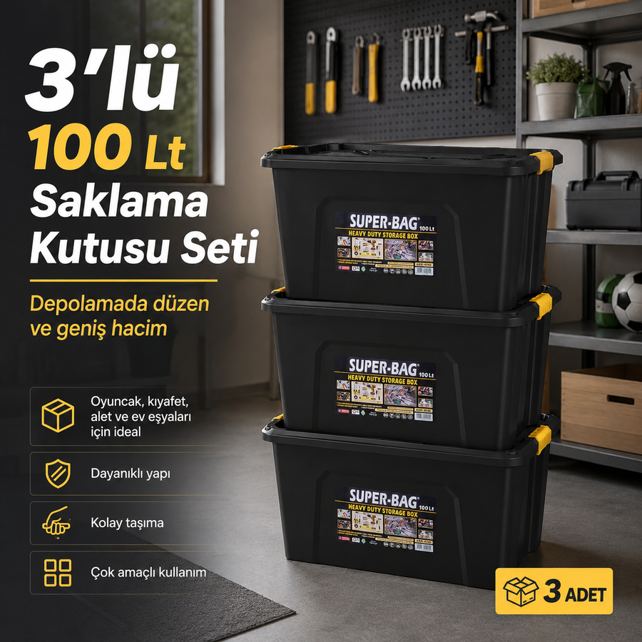 Super-Bag 100 Lt Kilitli Saklama Kutusu – 3'lü Avantaj Seti