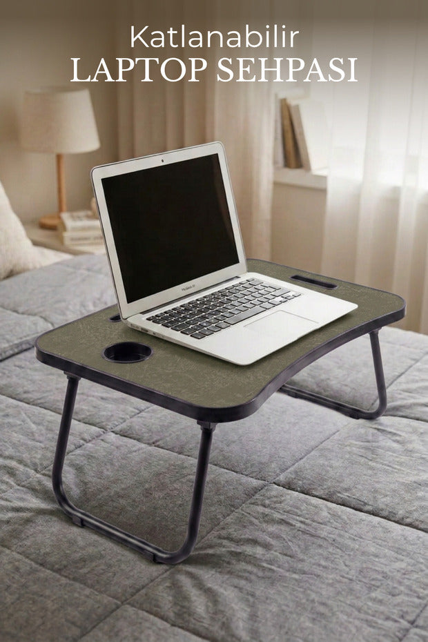 Portatif Katlanır Laptop Kucak Sehpası 59x40 cm | Tablet Telefon ve Bardak Tutuculu Çok Amaçlı Laptop Masası - Haki