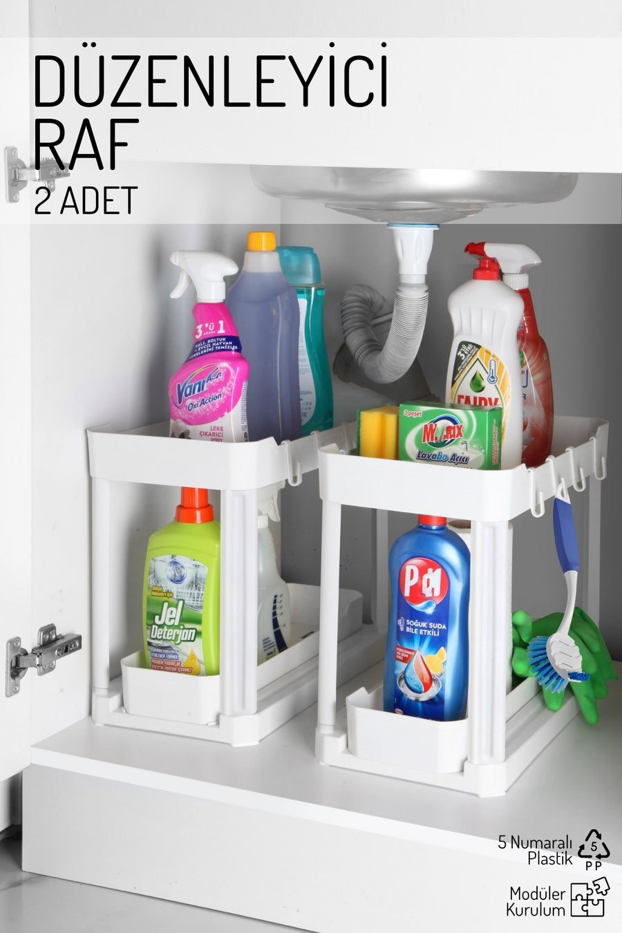 2'Li Set İki Katlı Fonksiyonel Düzenleyici – Dolap, Evye Altı, Tezgah Üstü BEYAZ