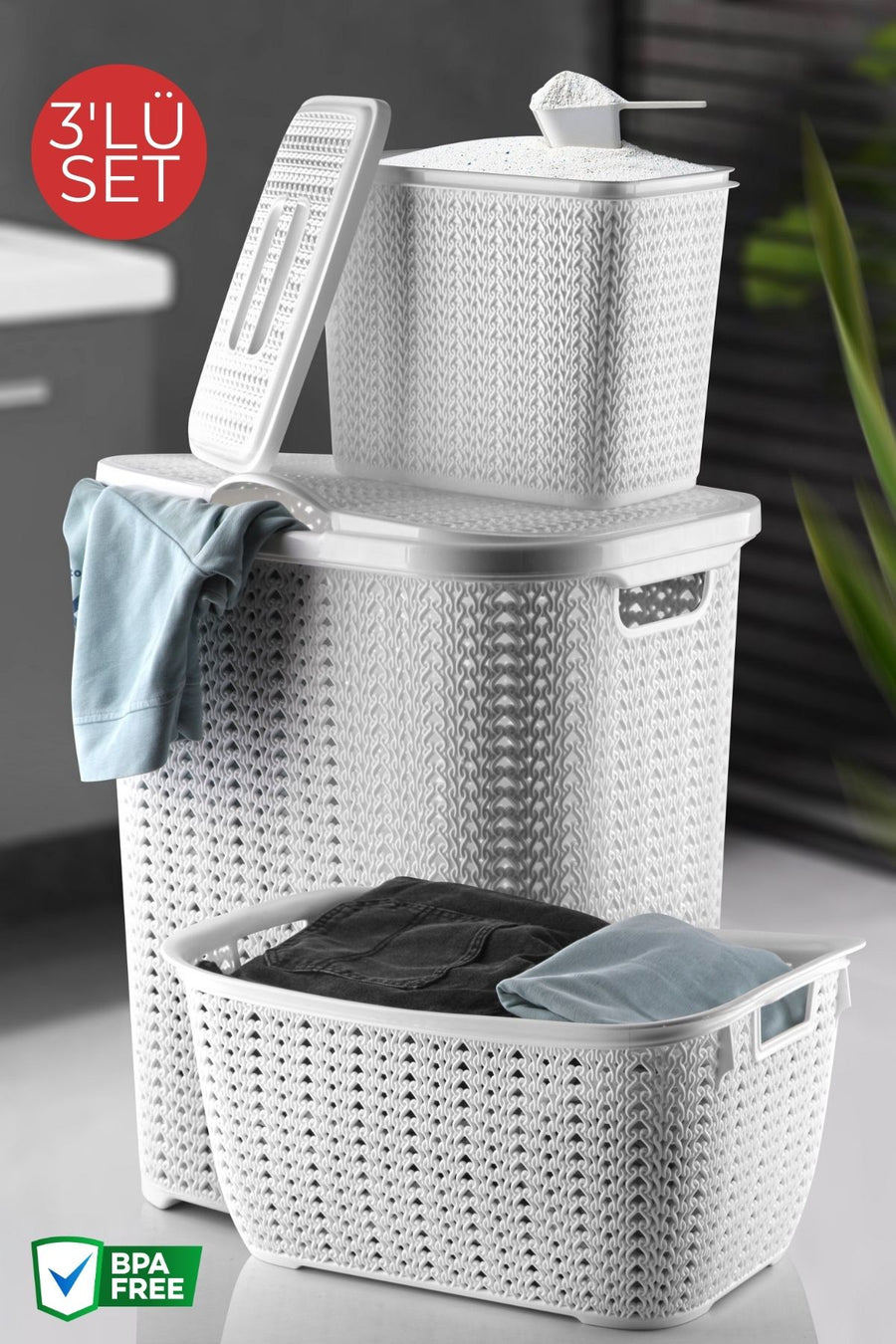 3'lü Set Dekoratif Örgü Desenli Banyo Kirli Sepeti, Deterjan Kutusu Ve Çok Amaçlı Sepet