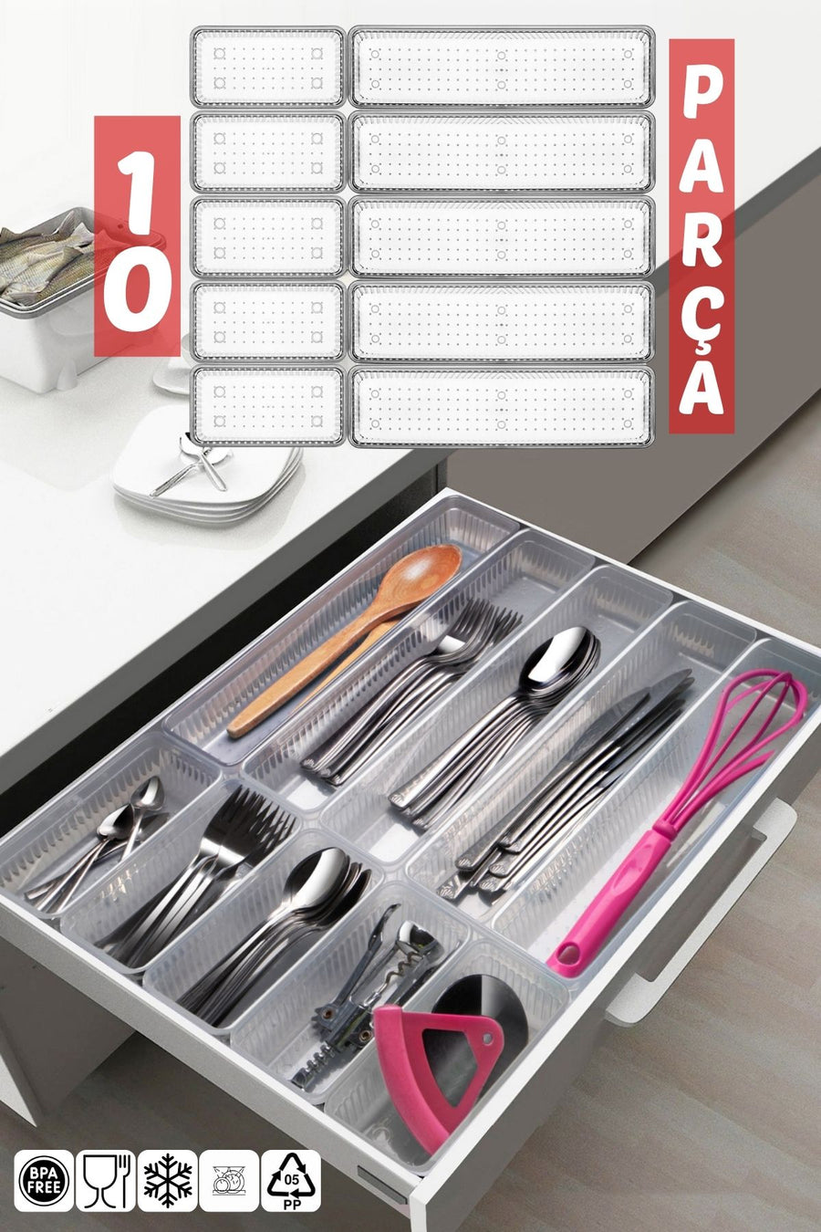 10 Parça Çekmece İçi Kaşıklık, Düzenleyici, Organizer