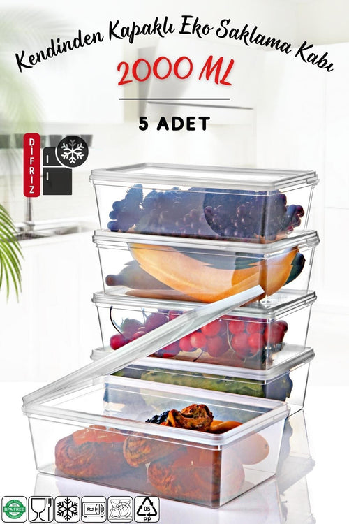 5 Adet Kendinden Kapaklı Derin Dondurucuya Uygun Saklama Kabı 2 Lt