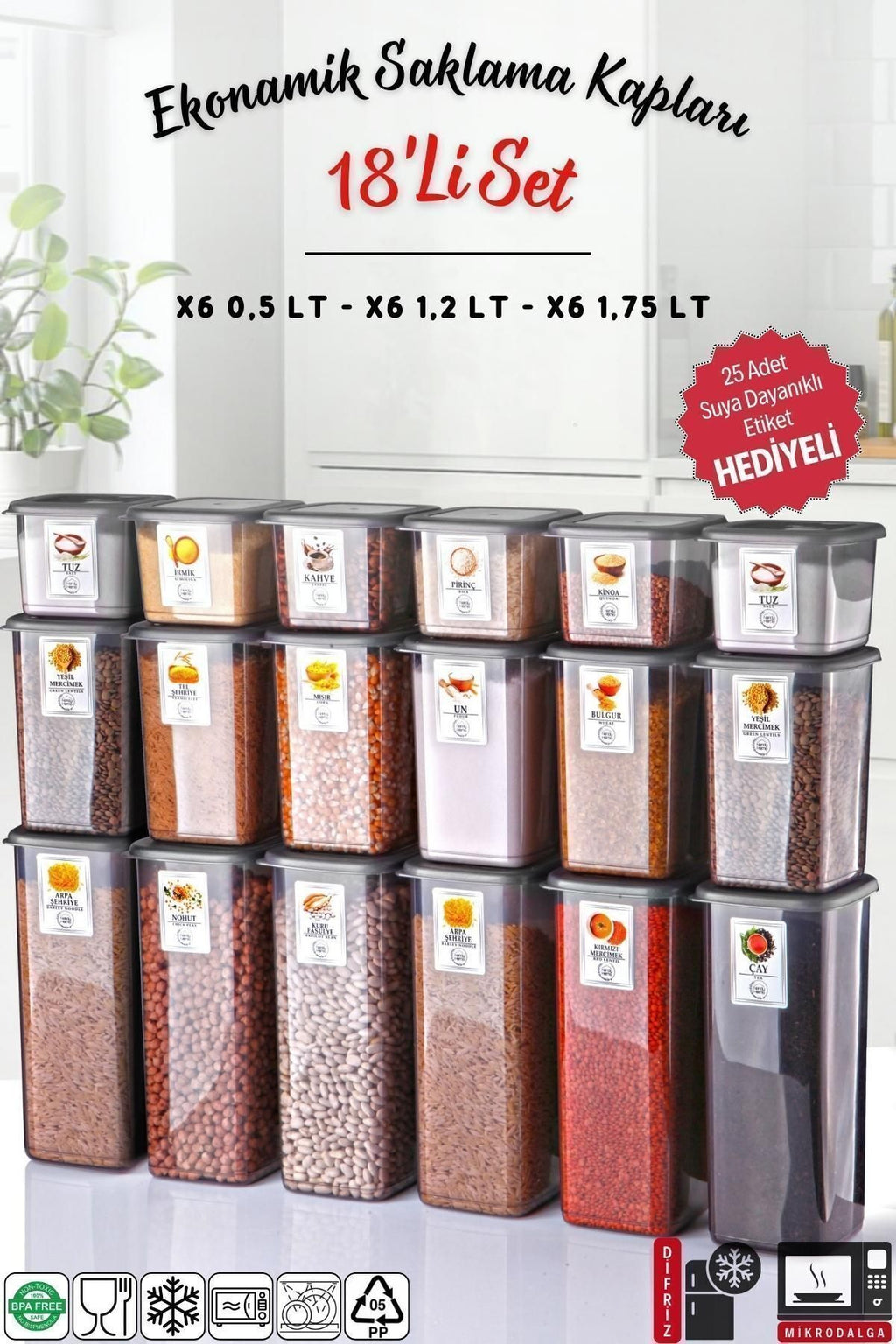 Etiketli 18'li Antrasit Ekonomik Kırılmaz Saklama Kabı Seti