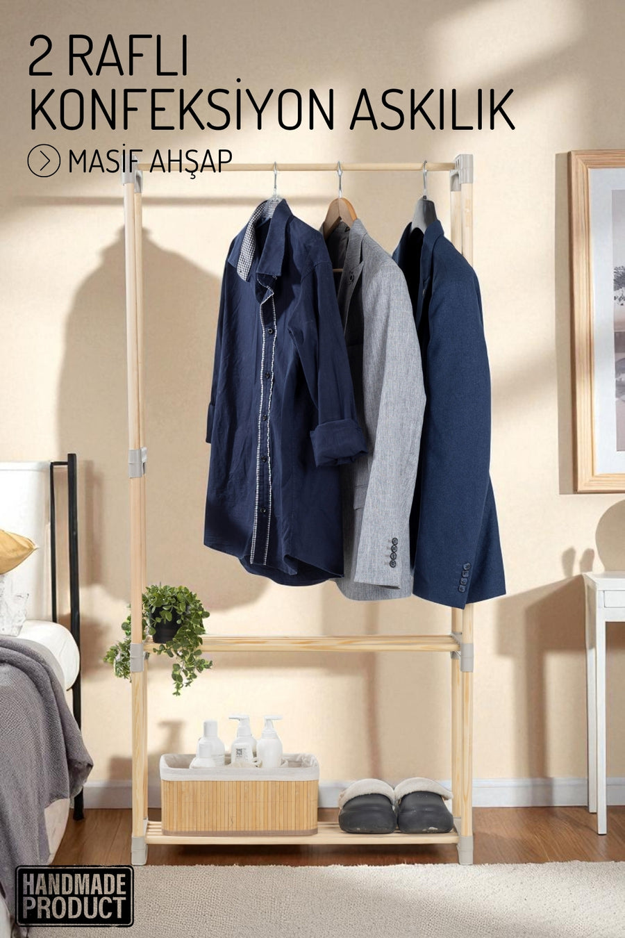 2 Raflı, Konfeksiyon Askılık, Çok Amaçlı Masif Ahşap - Mutfak, Banyo, Ofis Düzenleyici