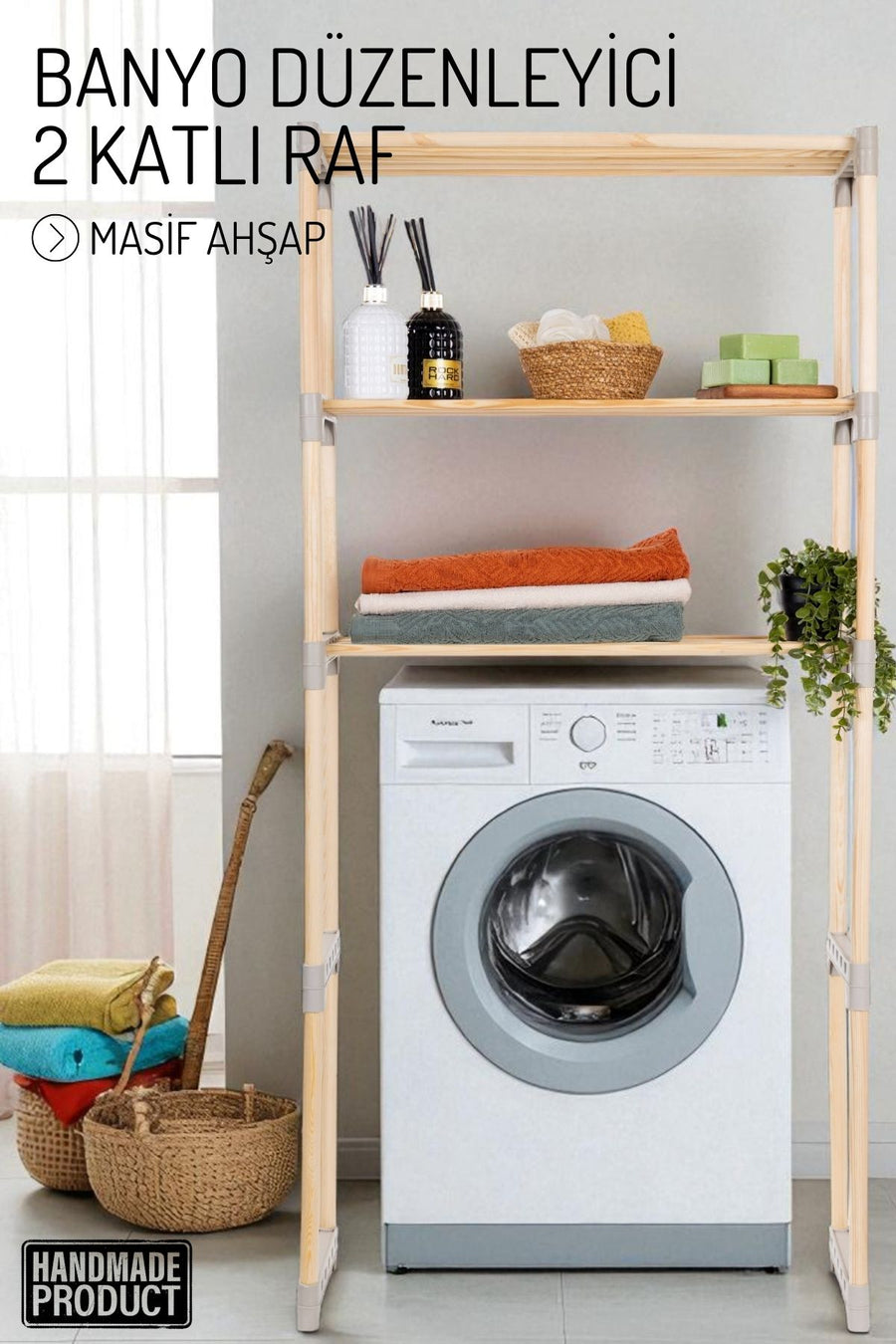3 Raflı, Çamaşır Makinesi Düzenleyici , Çok Amaçlı Masif Ahşap - Mutfak, Banyo, Ofis Düzenleyici