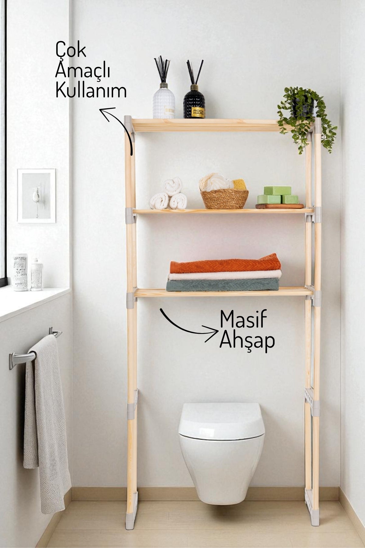 3 Raflı, Çamaşır Makinesi Düzenleyici , Çok Amaçlı Masif Ahşap - Mutfak, Banyo, Ofis Düzenleyici