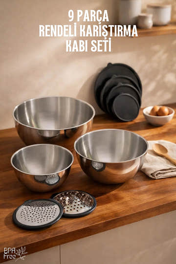 Via Modd 9 Parça Çelik Rendeli Karıştırma Kabı Seti – Rende Aparatlı Mutfak Seti