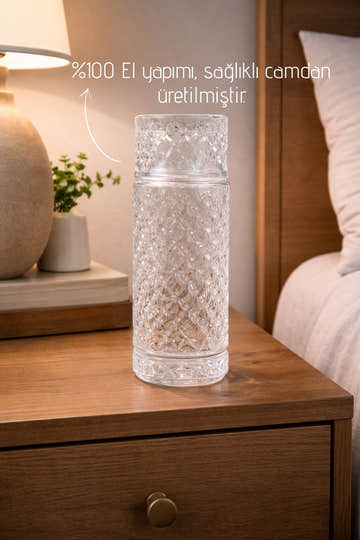 El Yapımı Cam, Kafes Modelli Başucu Sürahisi -730Ml. Bardaklı Sürahi