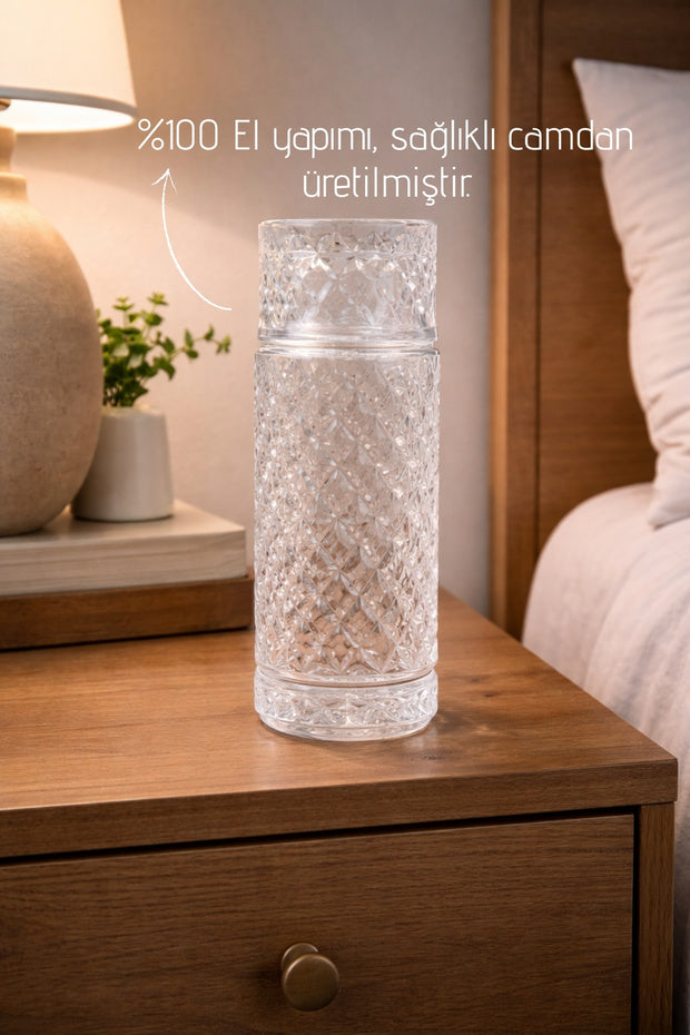 El Yapımı Cam, Kafes Modelli Başucu Sürahisi -730Ml. Bardaklı Sürahi