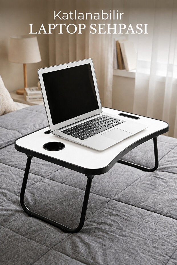 Portatif Katlanır Laptop Kucak Sehpası 59x40 cm | Tablet Telefon ve Bardak Tutuculu Çok Amaçlı Laptop Masası - Beyaz