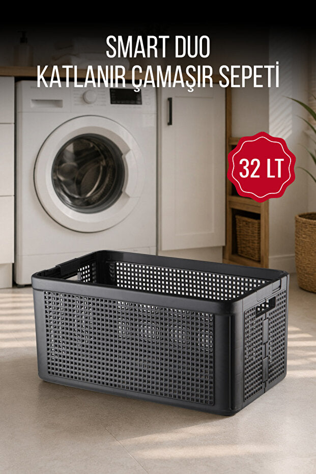 Smart Duo 32 L Katlanabilir Çamaşır Sepeti Antrasit | Kilitli ve Yer Tasarruflu Düzenleyici Sepet