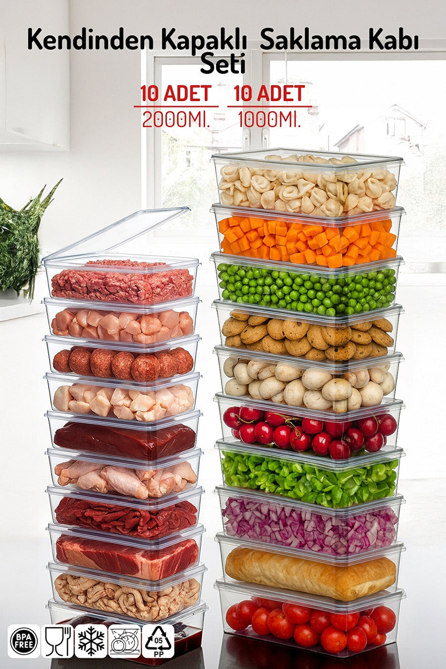 20'li Set Kendinden Kapaklı Derin Dondurucuya Uygun Saklama Kabı 1 Lt. ve 2 Lt.