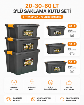 Super-Bag 3'lü Saklama Kutusu Seti (20 + 30 + 60 Lt)