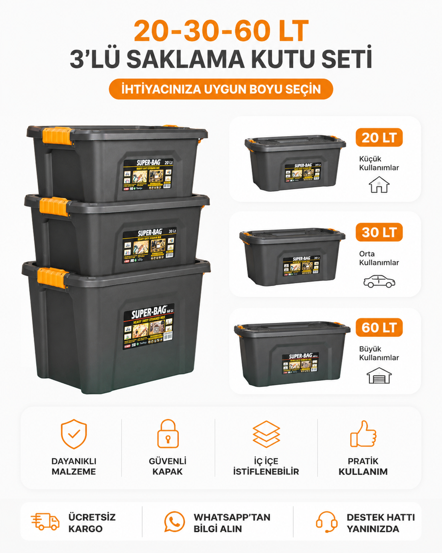 Super-Bag 3'lü Saklama Kutusu Seti (20 + 30 + 60 Lt)