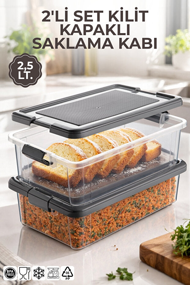 2'li Set 2,5Lt. Decobox Çok Amaçlı Saklama Kabı - Piknik Taşıma Seti - 2,5Lt.(Antrasit)