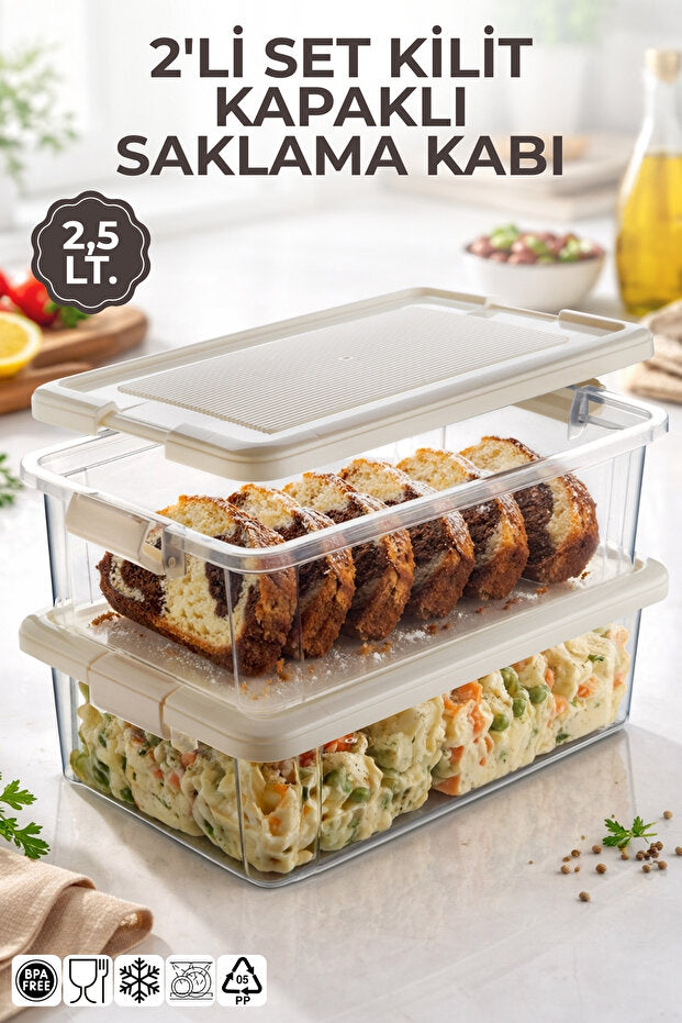 2'li Set 2,5Lt. Decobox Çok Amaçlı Saklama Kabı - Piknik Taşıma Seti - 2,5Lt.(Krem)