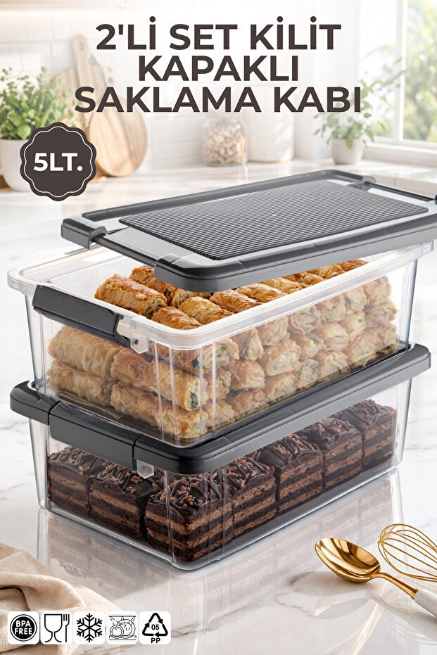 2'li Set 5Lt. Decobox Çok Amaçlı Saklama Kabı - Piknik Taşıma Seti - 5Lt.(Antrasit)