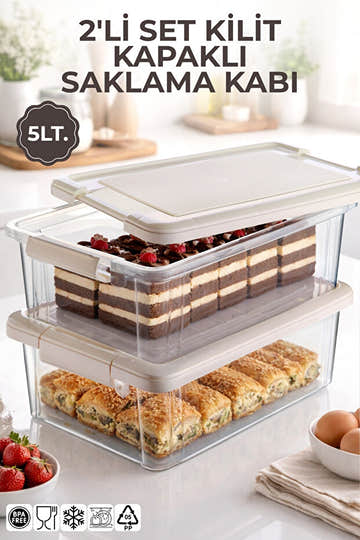2'li Set 5Lt. Decobox Çok Amaçlı Saklama Kabı - Piknik Taşıma Seti - 5Lt.(Krem)