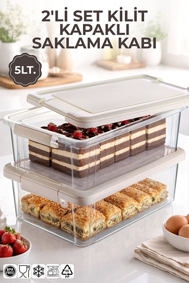 2'li Set 5Lt. Decobox Çok Amaçlı Saklama Kabı - Piknik Taşıma Seti - 5Lt.(Krem)