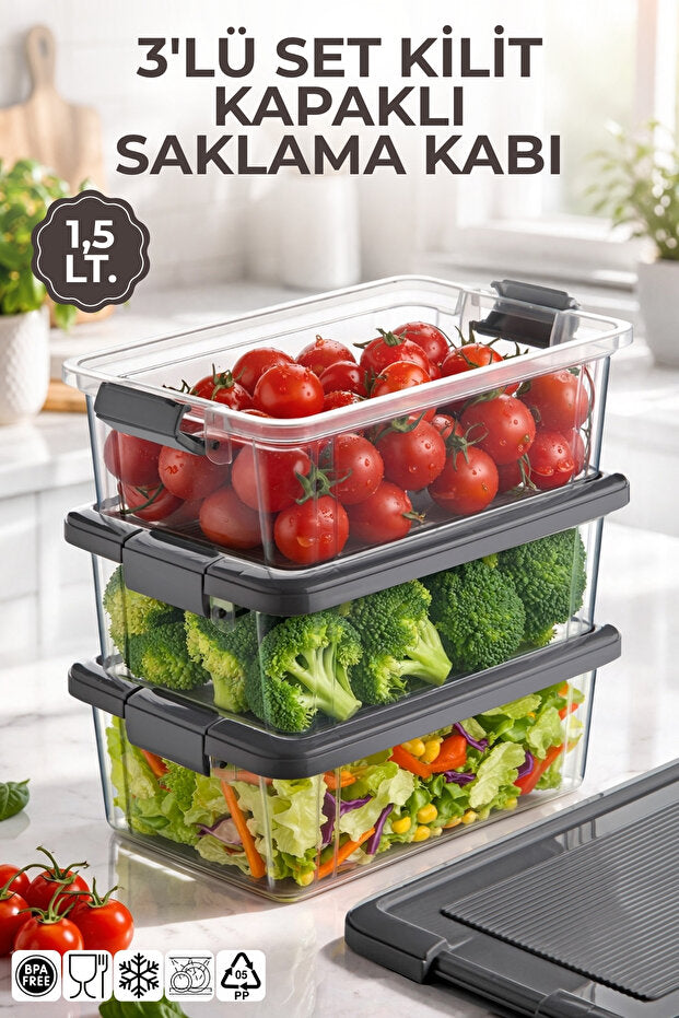 3'lü Set 1,5Lt. Decobox Çok Amaçlı Saklama Kabı - Piknik Taşıma Seti - 1,5Lt.(Antrasit)