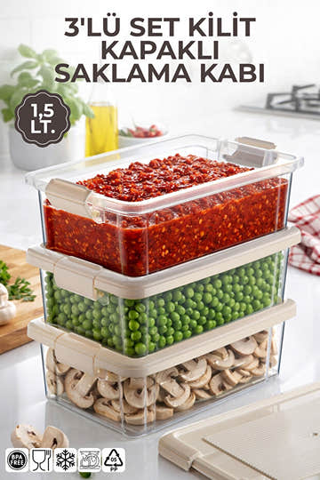 3'lü Set 1,5Lt. Decobox Çok Amaçlı Saklama Kabı - Piknik Taşıma Seti - 1,5Lt.(Krem)