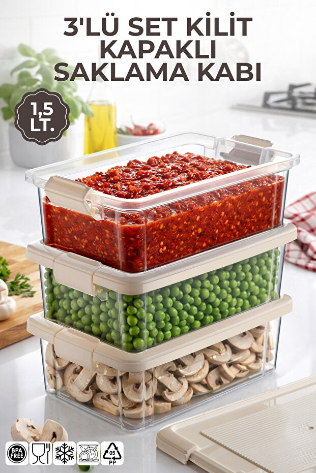 3'lü Set 1,5Lt. Decobox Çok Amaçlı Saklama Kabı - Piknik Taşıma Seti - 1,5Lt.(Krem)