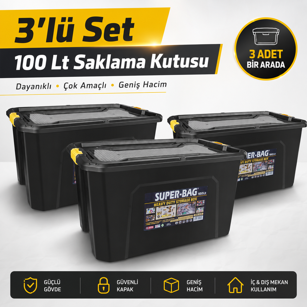 Super-Bag 100 Lt Kilitli Saklama Kutusu – 3'lü Avantaj Seti