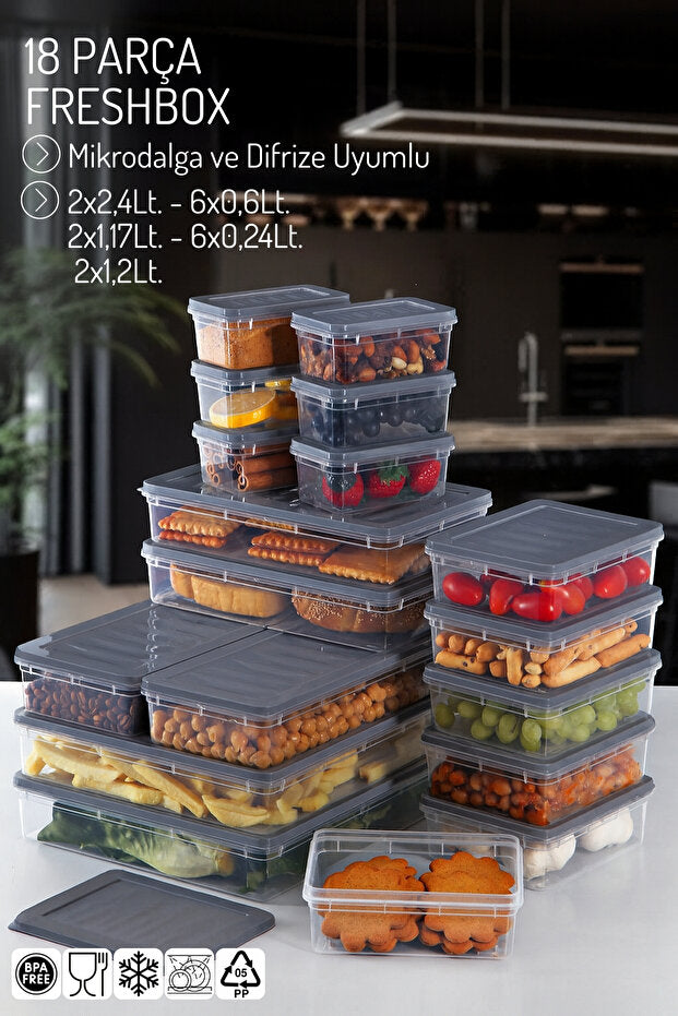 18'li Set Freshbox Mikrodalga Ve Difrize Uygun Saklama Kabı Gri