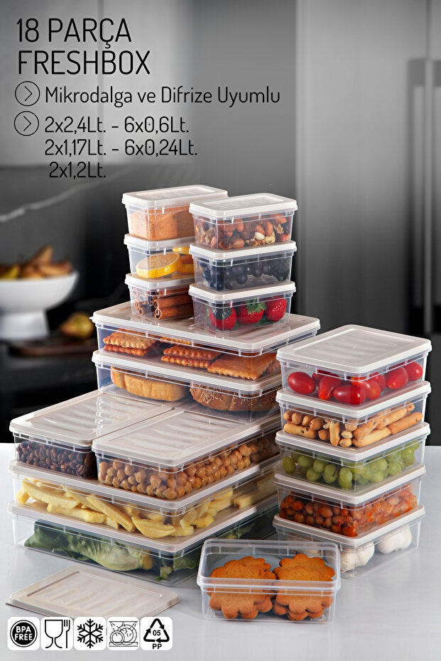 18'li Set Freshbox Mikrodalga Ve Difrize Uygun Saklama Kabı Krem