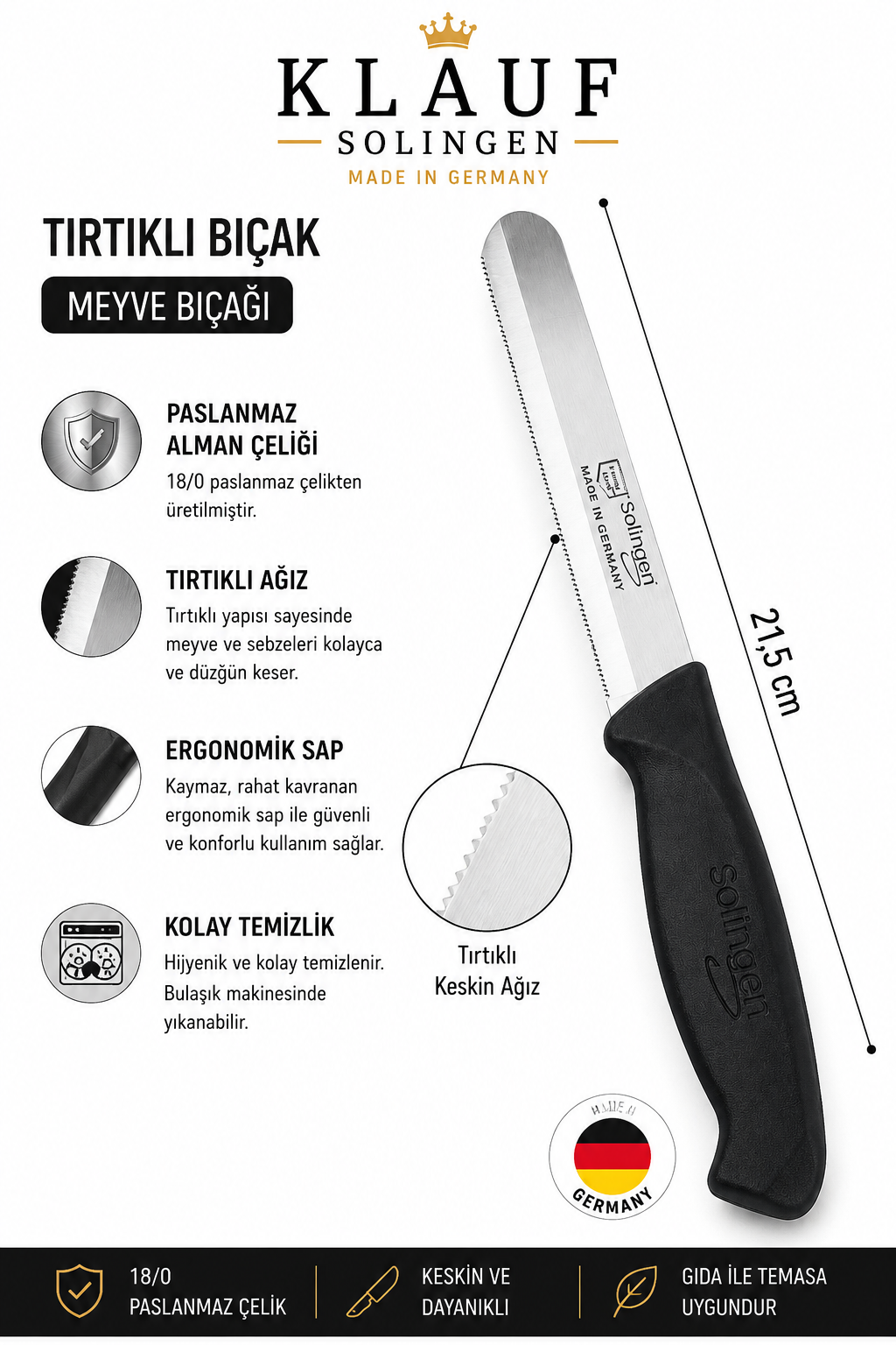 Klauf Tırtıklı Bıçak, 21,5 cm, Paslanmaz Alman Çeliği, Ergonomik Sap (Tekli), Meyve Bıçağı Siyah