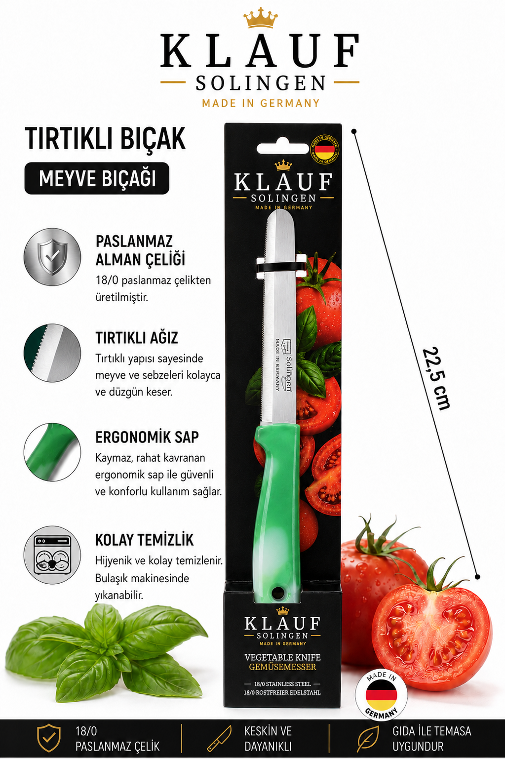 Klauf Tırtıklı Bıçak, 22,5 cm, Paslanmaz Alman Çeliği, Ergonomik Sap (Tekli), Meyve Bıçağı Yeşil