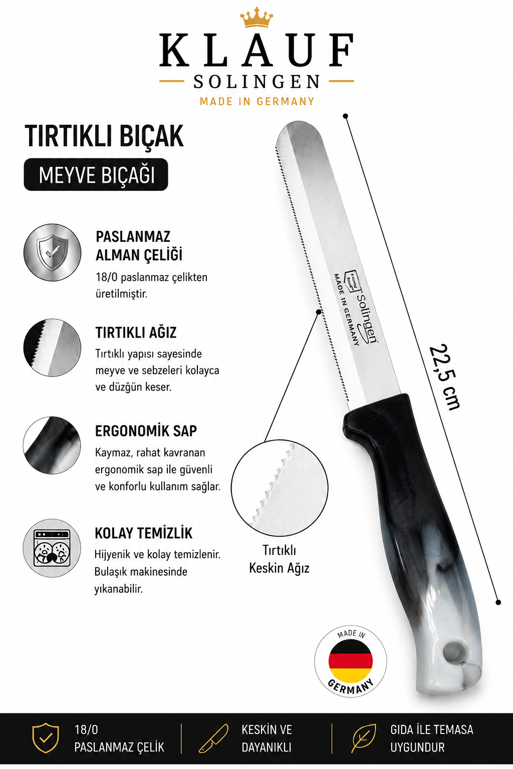 Klauf Tırtıklı Bıçak, 22,5 cm, Paslanmaz Alman Çeliği, Ergonomik Sap (Tekli), Meyve Bıçağı Siyah-Gri