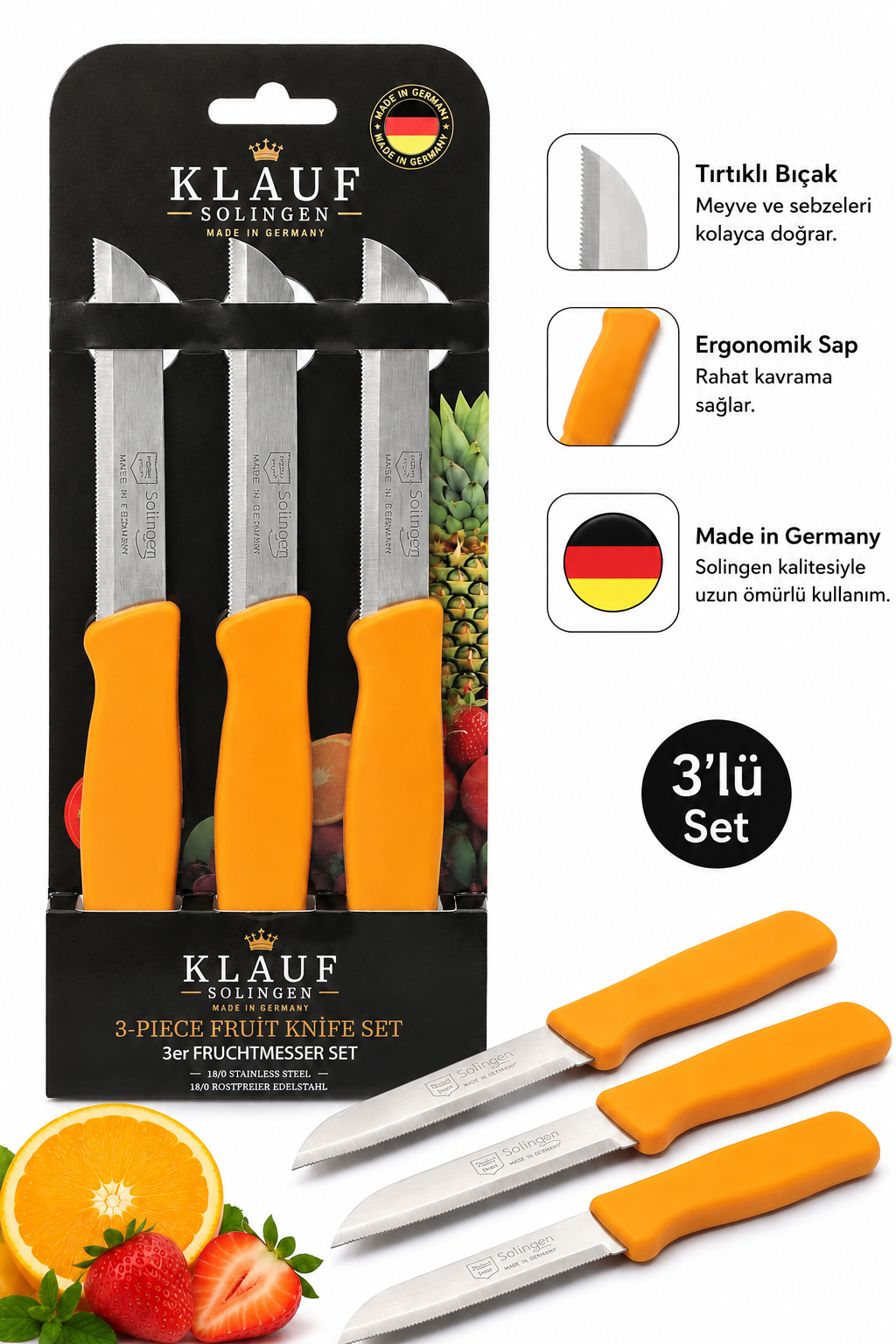 Klauf 3'lü Tırtıklı Bıçak, 18 cm, Paslanmaz Alman Çeliği, Ergonomik Sap, Meyve Bıçağı Mat Turuncu