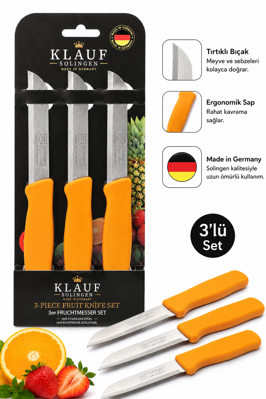 Klauf 3'lü Tırtıklı Bıçak, 18 cm, Paslanmaz Alman Çeliği, Ergonomik Sap, Meyve Bıçağı Mat Turuncu