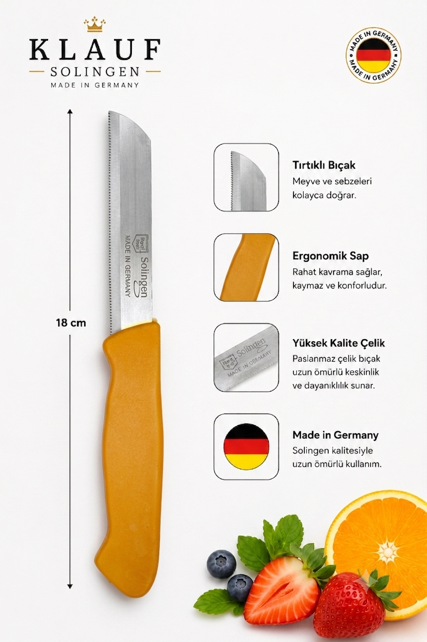 Klauf 3'lü Tırtıklı Bıçak, 18 cm, Paslanmaz Alman Çeliği, Ergonomik Sap, Meyve Bıçağı Mat Turuncu