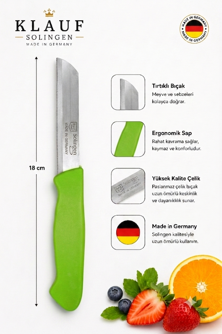 Klauf 3'lü Tırtıklı Bıçak, 18 cm, Paslanmaz Alman Çeliği, Ergonomik Sap, Meyve Bıçağı Parlak Yeşil