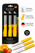 Klauf 3'lü Tırtıklı Bıçak, 18 cm, Paslanmaz Alman Çeliği, Ergonomik Sap, Meyve Bıçağı Parlak Sarı