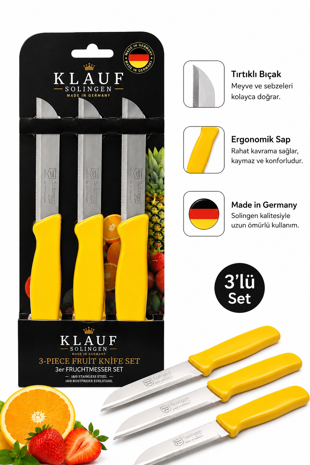 Klauf 3'lü Tırtıklı Bıçak, 18 cm, Paslanmaz Alman Çeliği, Ergonomik Sap, Meyve Bıçağı Parlak Sarı