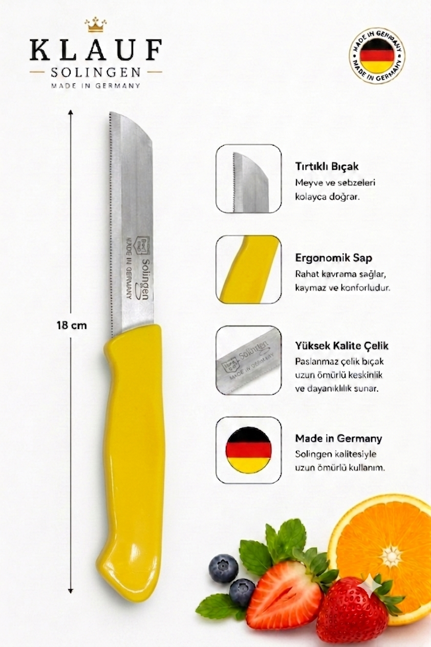 Klauf 3'lü Tırtıklı Bıçak, 18 cm, Paslanmaz Alman Çeliği, Ergonomik Sap, Meyve Bıçağı Parlak Sarı
