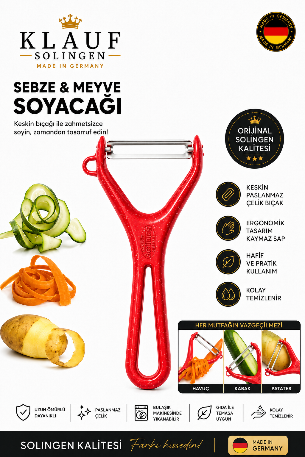 Meyve Sebze Soyacağı Paslanmaz Çelik Profesyonel Soyacak, Paslanmaz Alman Çeliği Kırmızı Simli
