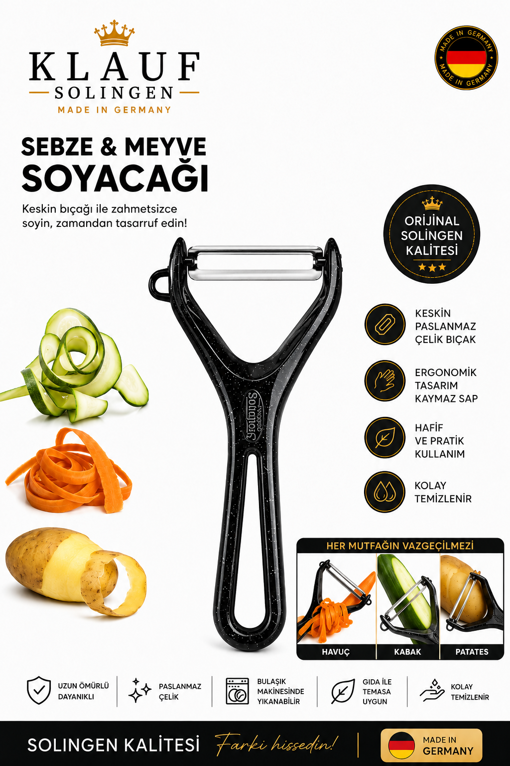 Meyve Sebze Soyacağı Paslanmaz Çelik Profesyonel Soyacak, Paslanmaz Alman Çeliği Siyah Simli